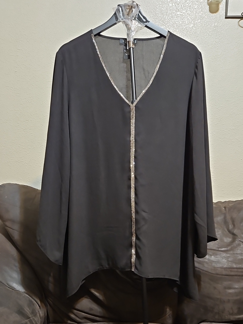 Grace Black V-Neck Blouse with Metallic Trim
